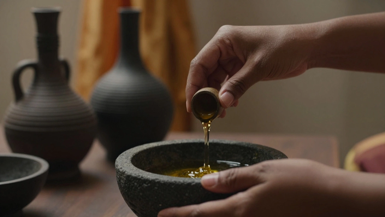 A woman&#039;s hands pouring warm oil into a stone bowl, surrounded by ancient ceramic vessels and soft fabric drapes.