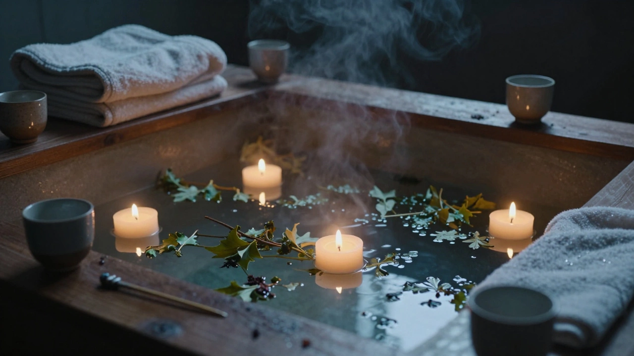 An empty herbal bath with floating leaves, scattered ceramic cups, and a folded robe, evoking silent presence.