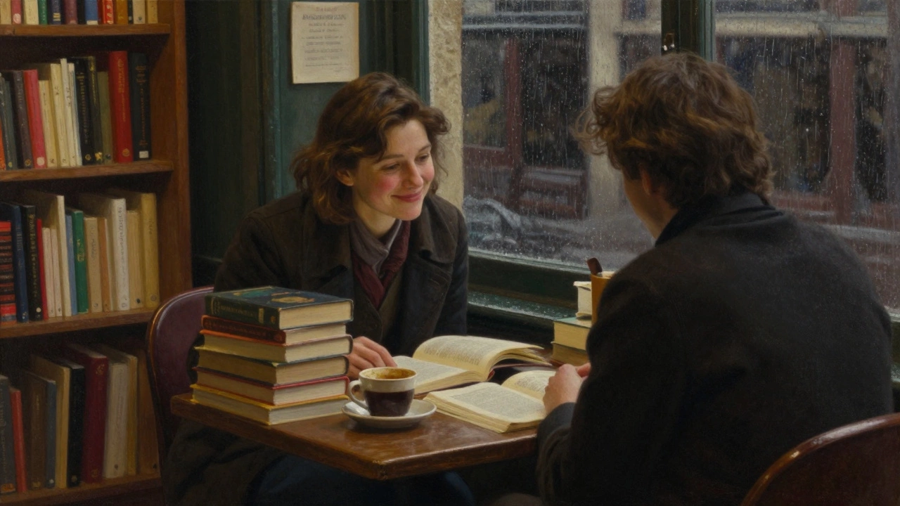 Two people share a quiet moment in a Parisian bookshop, lamplight and books surrounding them.